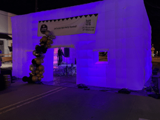 inflatable building with purple lighting