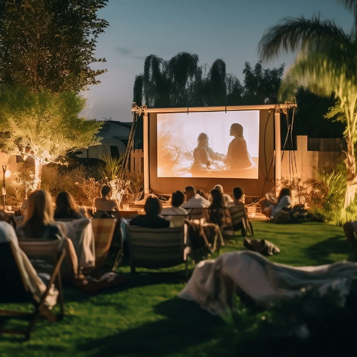 People watching movie on a backyard